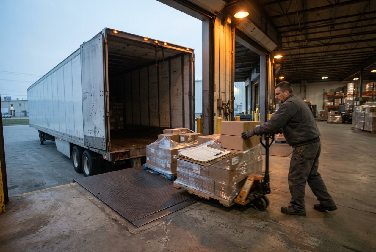 First daylight at a receiving dock: a trailer backed in with its doors open, freight coming off — shrink-wrapped pallets