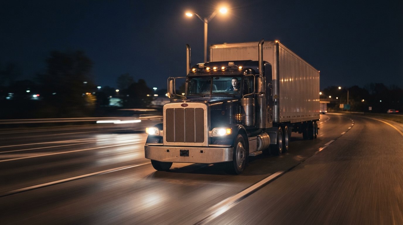 A clean, well-maintained loaded tractor-trailer running an interstate at night, seen front three-quarter from a low wide