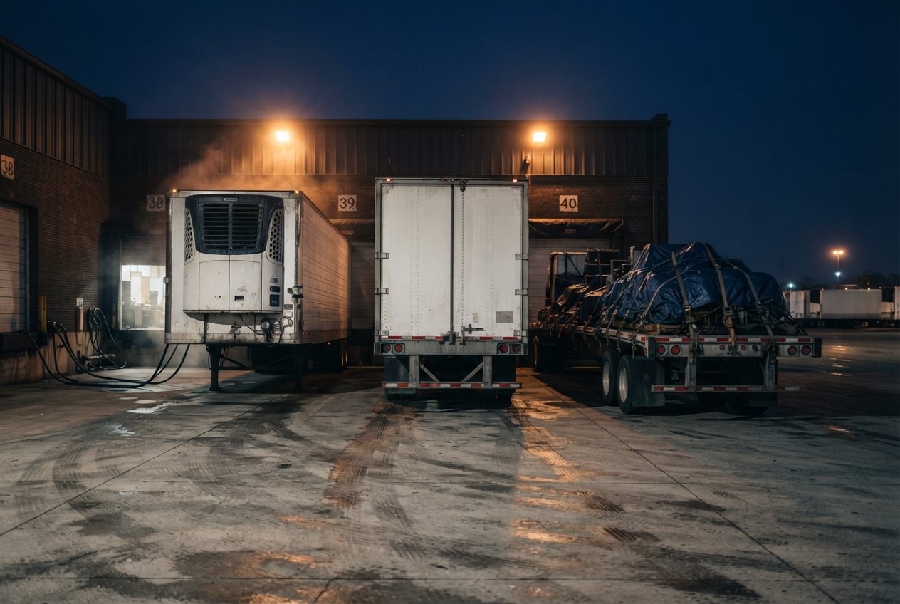 Three loaded trailers standing side by side at a lit dock in the small hours: a reefer with its unit running, a dry van