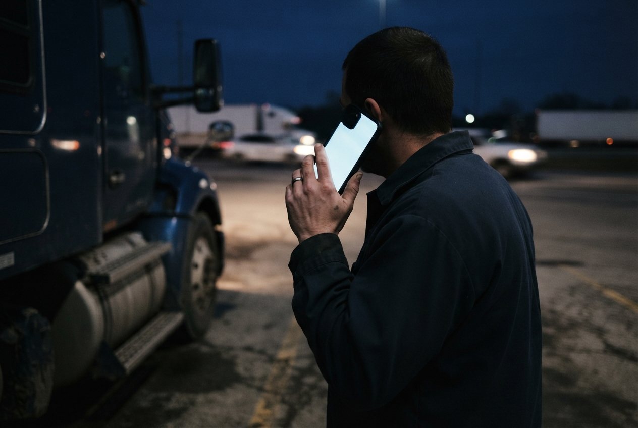 A close, low-light frame of a hand holding a lit phone at the wheel-side of a parked tractor, the interstate and passing